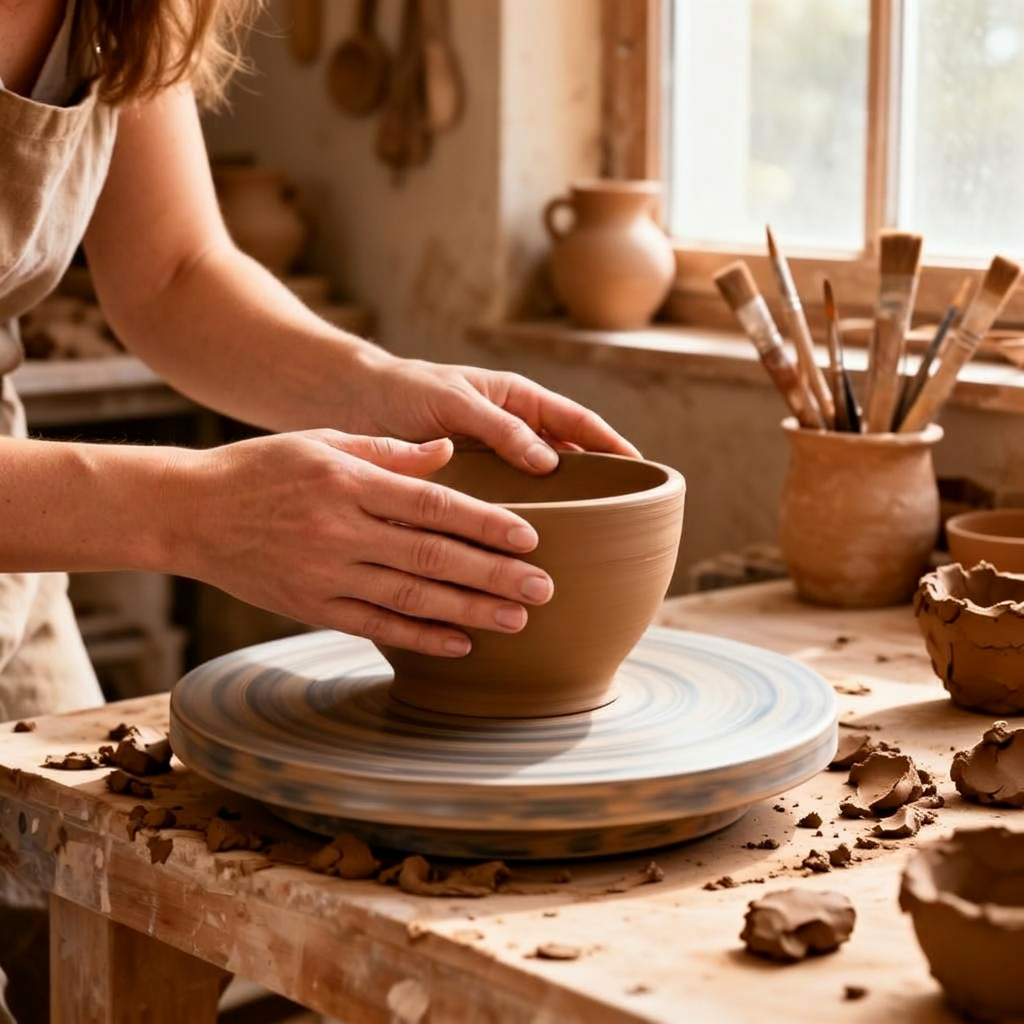 Maker shaping pottery on a wooden workbench